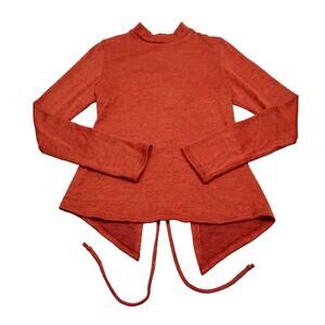Many Many Shirt Womens L Red Plain Long Sleeve Mock Neck Lace Up Back Top